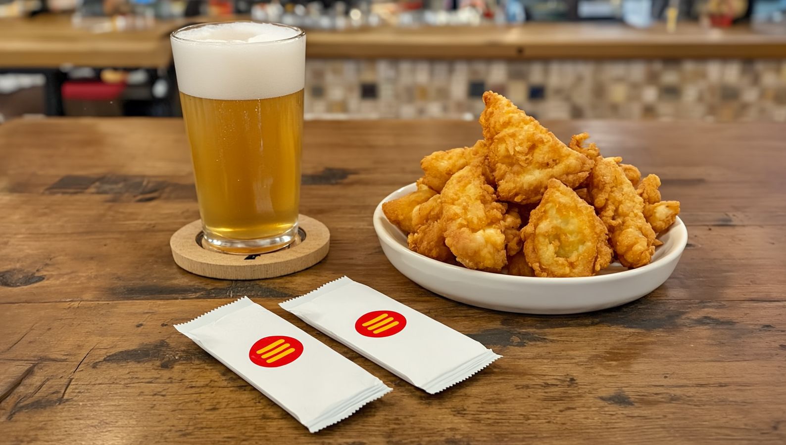 Guardanapo sachê personalizado na mesa do boteco, ao lado do chopp e da porção