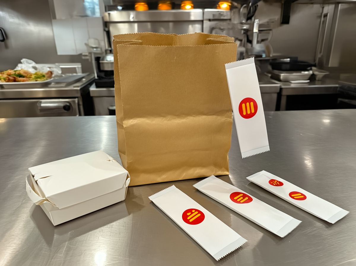 Sachês personalizados sendo colocados no pedido de delivery