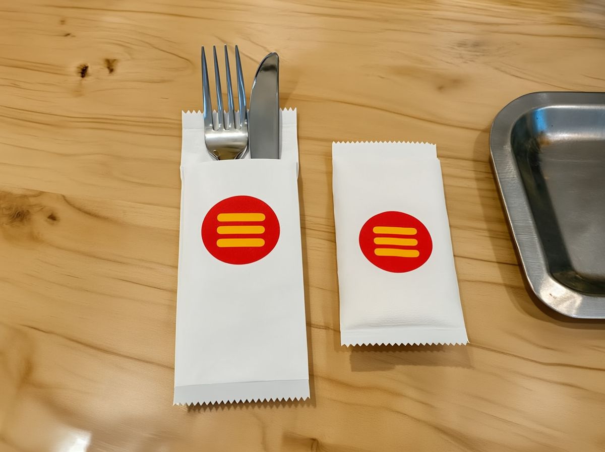 Porta-talher personalizado de papel com talheres e guardanapo