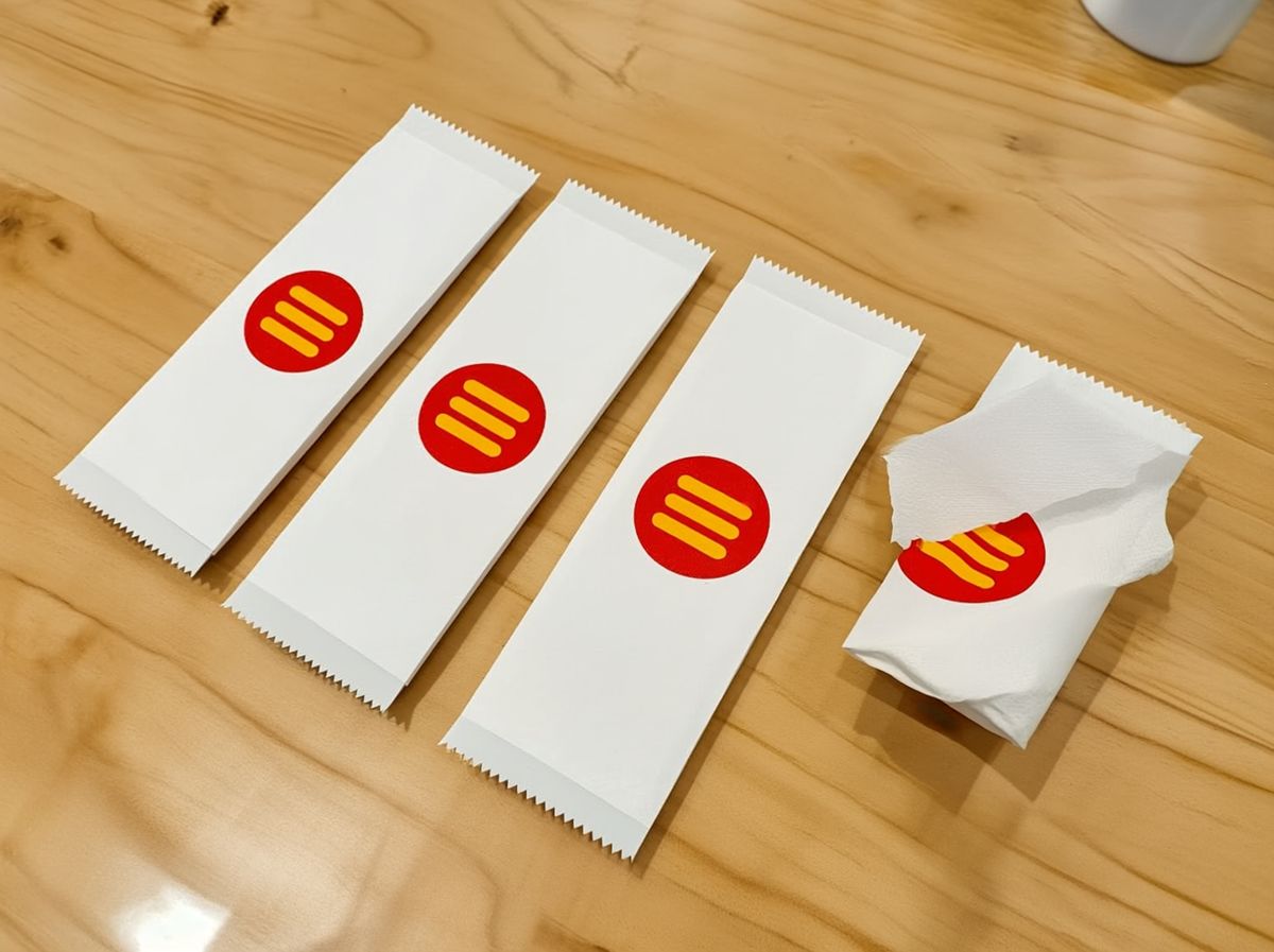 Guardanapos em sachê personalizados de 6 × 20 cm com logo de hamburgueria